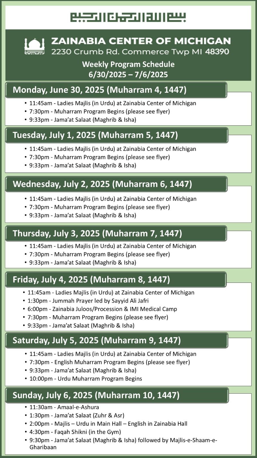 Weekly Program Schedule (6/30-7/6)